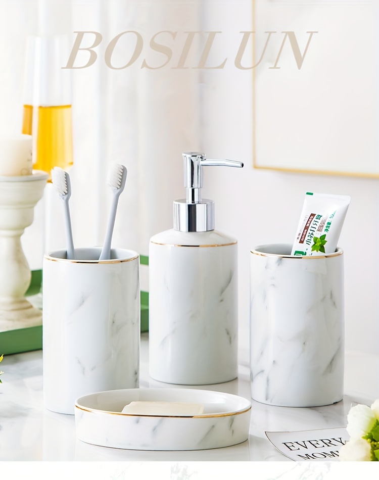 4 Piece Gray Embossed White Floral Pattern Bathroom Accessory Set with Soap  Dish, Tumbler, Toothbrush Holder and Pump Dispenser