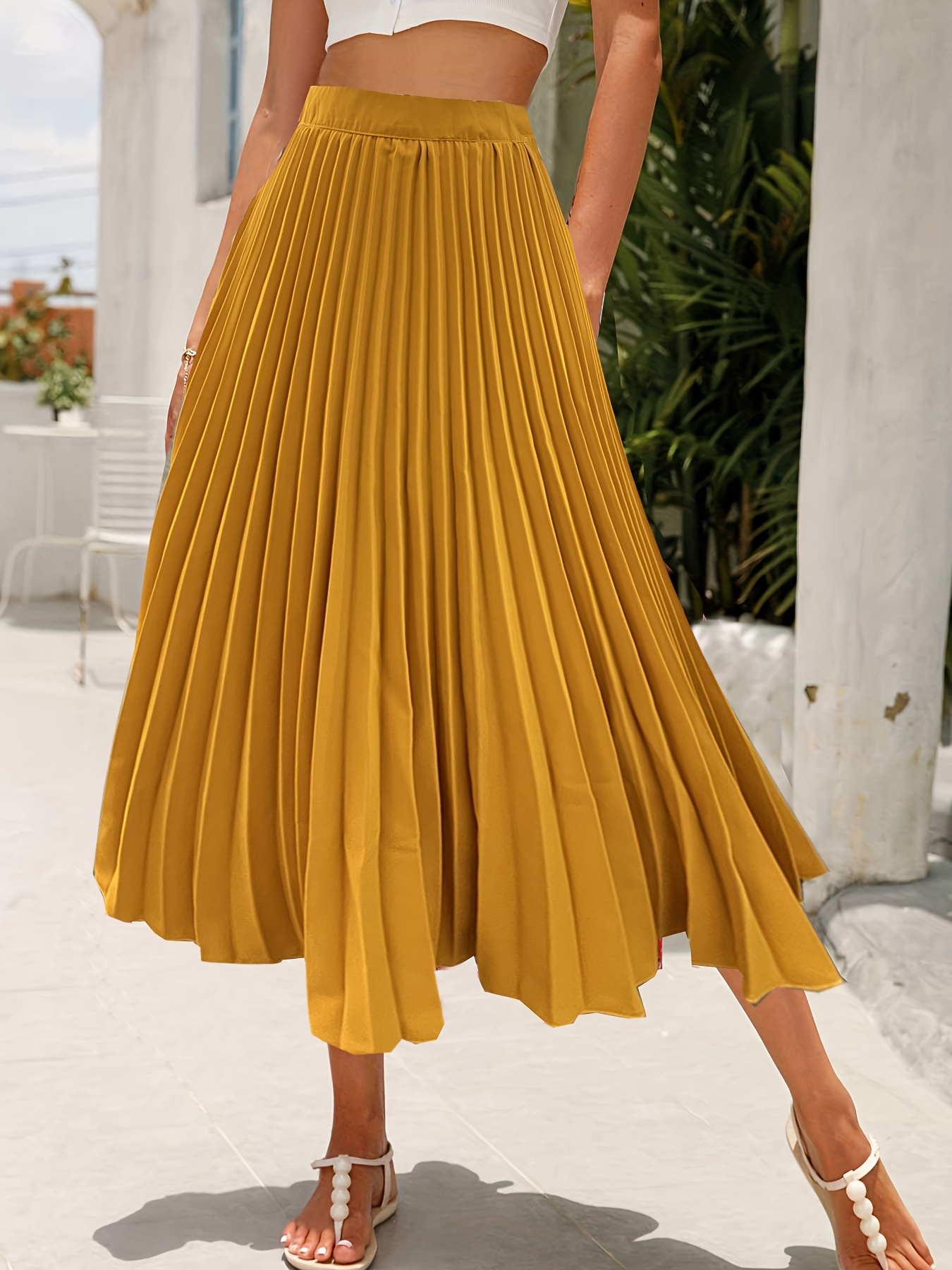YOTAMI Women's Skirt Fashion 2022 Fashion Women Spring Summer Belt Button  Zipper High Waist Solid Retro Skirt Women Pleated Yellow 