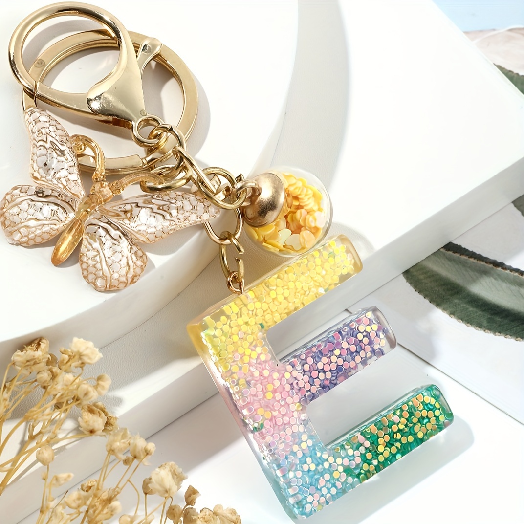 1pc Color Letter E With Butterfly Pendant Resin Keychain For Men Free