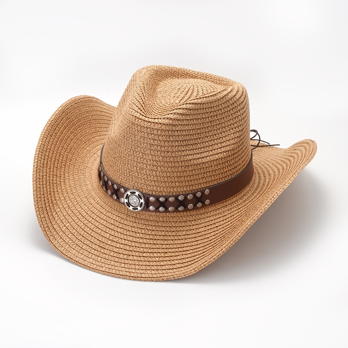 Belt Decor Straw Hat, Sun Visor Travel Fishing Outdoor Cowboy Hats, Vintage Casual Hair Accessories For Women