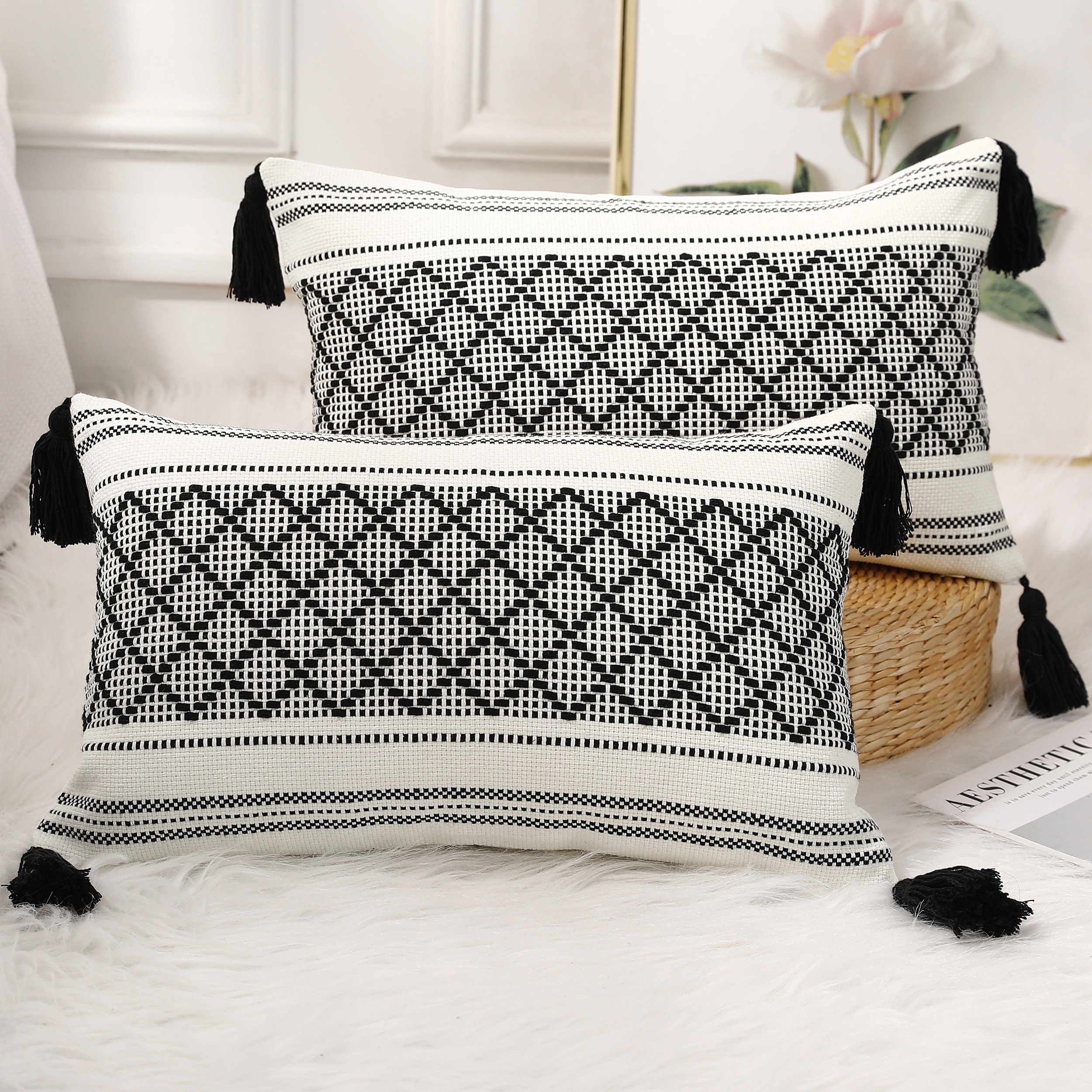 Decorative Boho Lumbar Pillow Covers with Tassels (Navy Blue, 12x20 inch  -Set of 2) / Small Rectangle Cushion Covers for Couch Sofa/Farmhouse Woven