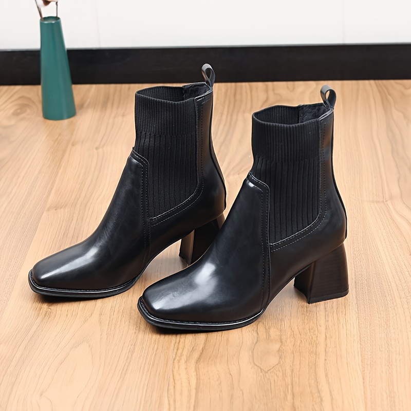 Women'* Color Minimalist Boots, Slip On Casual Stretch Soft Sole Chunky  Heels, Square Toe Boots