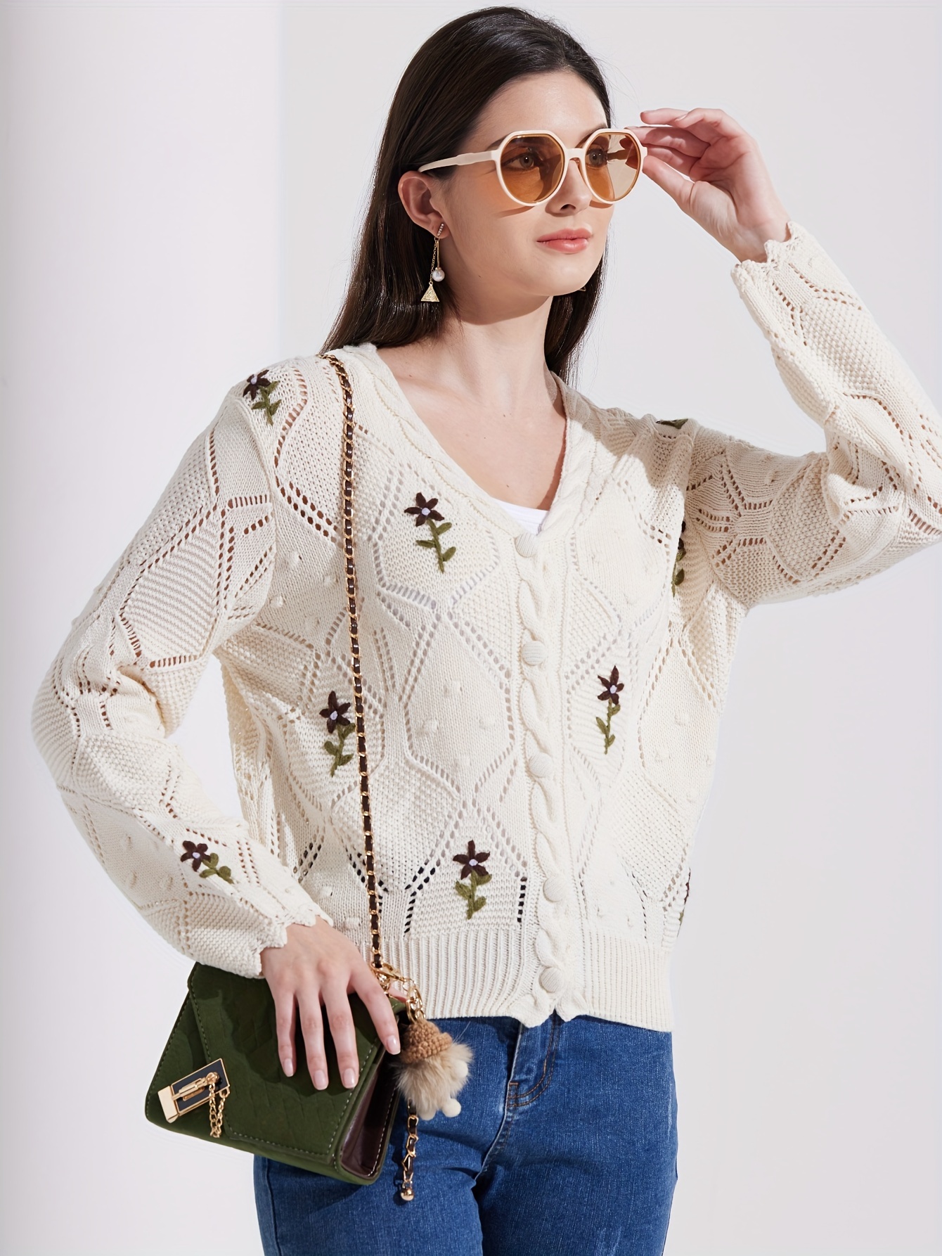 Floral Pattern Button Knit Cardigan Cute V Neck Long Sleeve - Temu