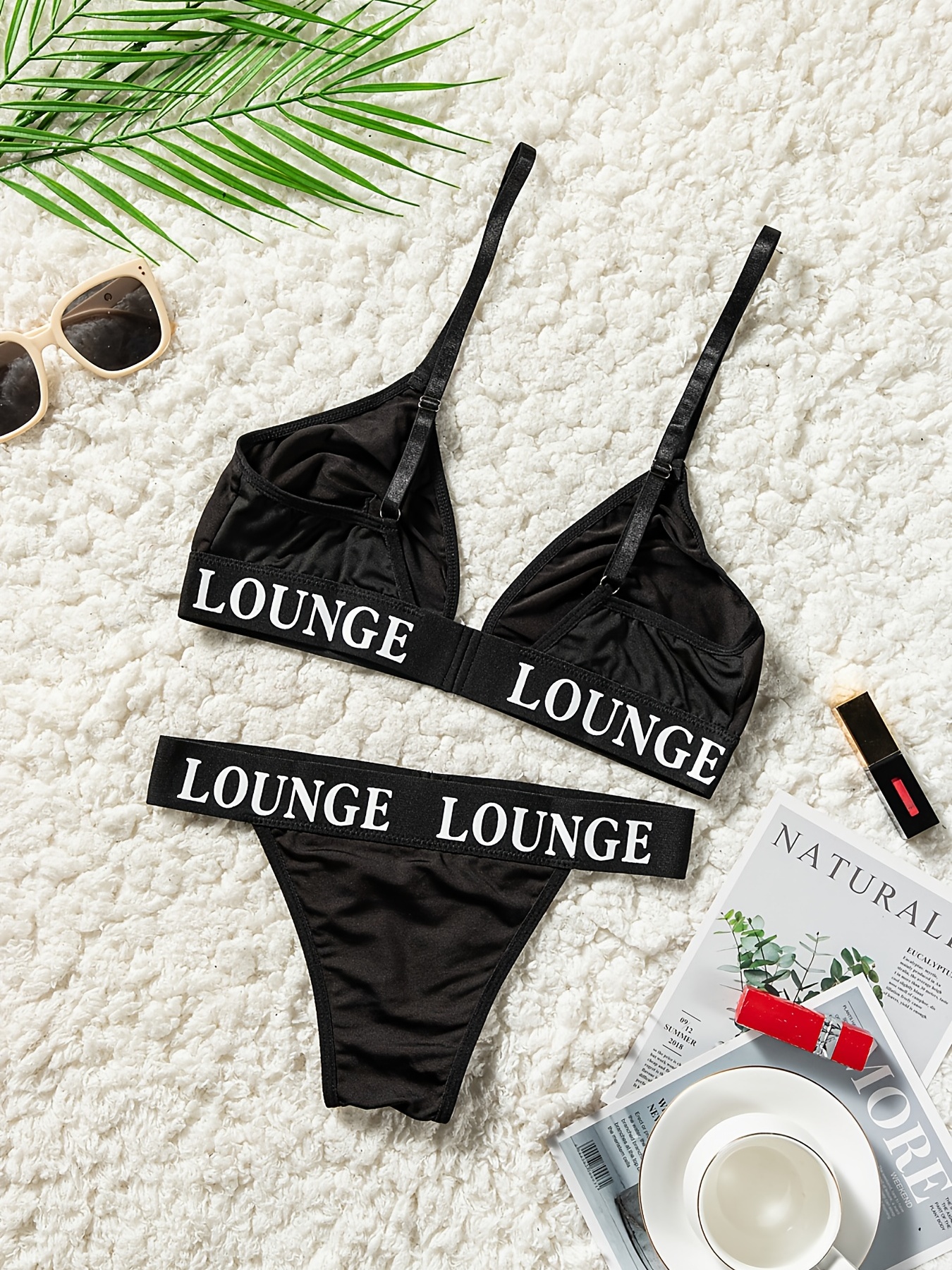 LOUNGE UNDERWEAR SET Bamboo Triange Bra And Thong Black And White