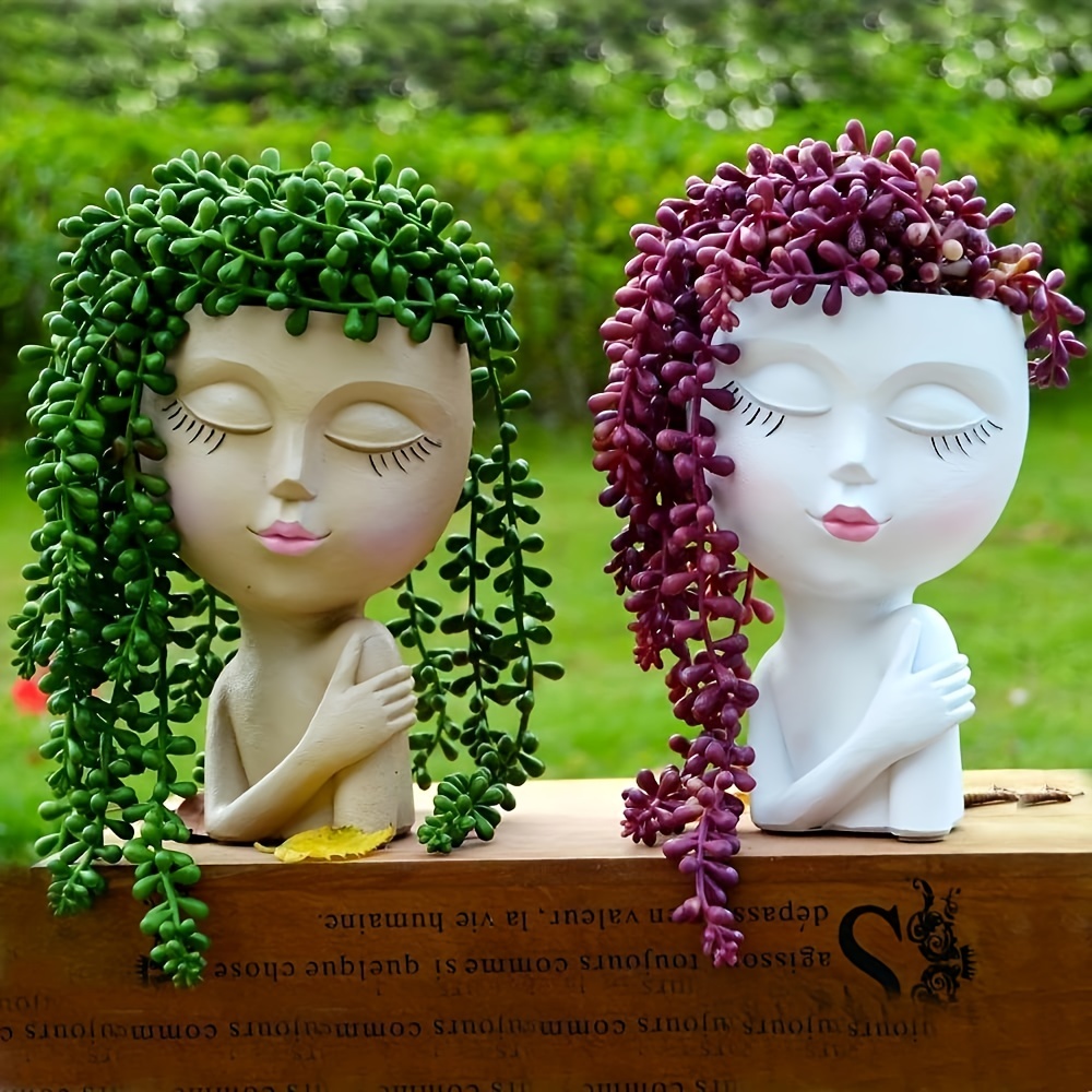 Gardening Resin Head Flower Pot Closed Eyes Figure Sculpture