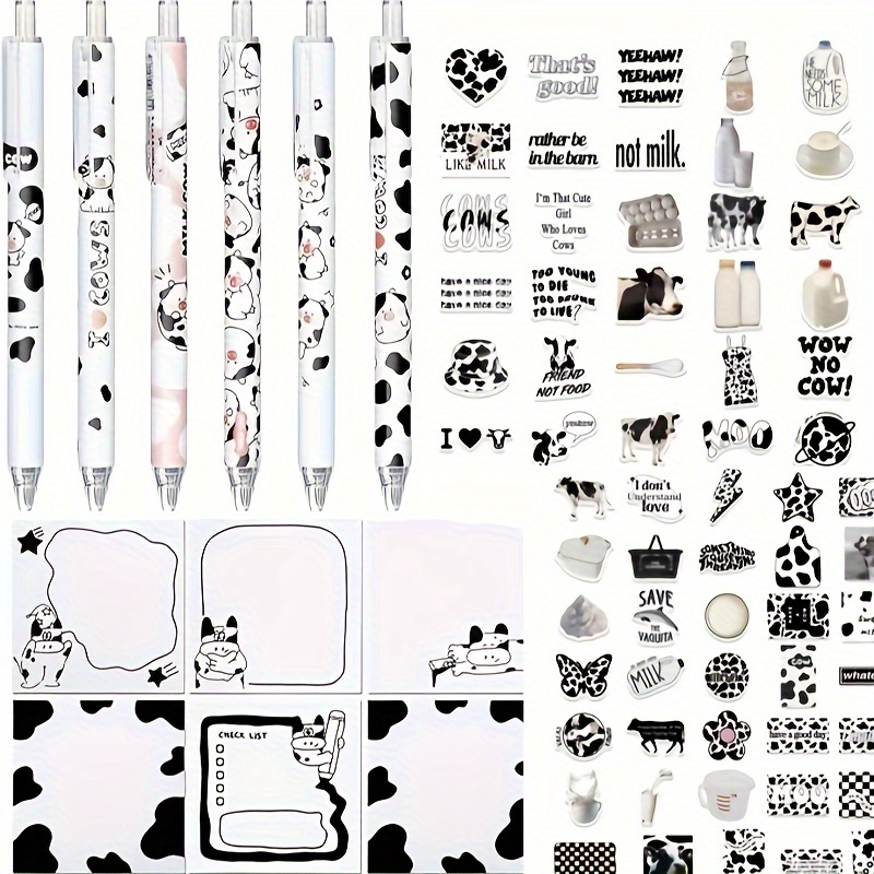 YJ PREMIUMS 7 PC Cow Pens | Cute Highland Cow Print Pens Floral Flower  Kawaii Aesthetic White Brown Cows School Office Supplies Stuff Stationary