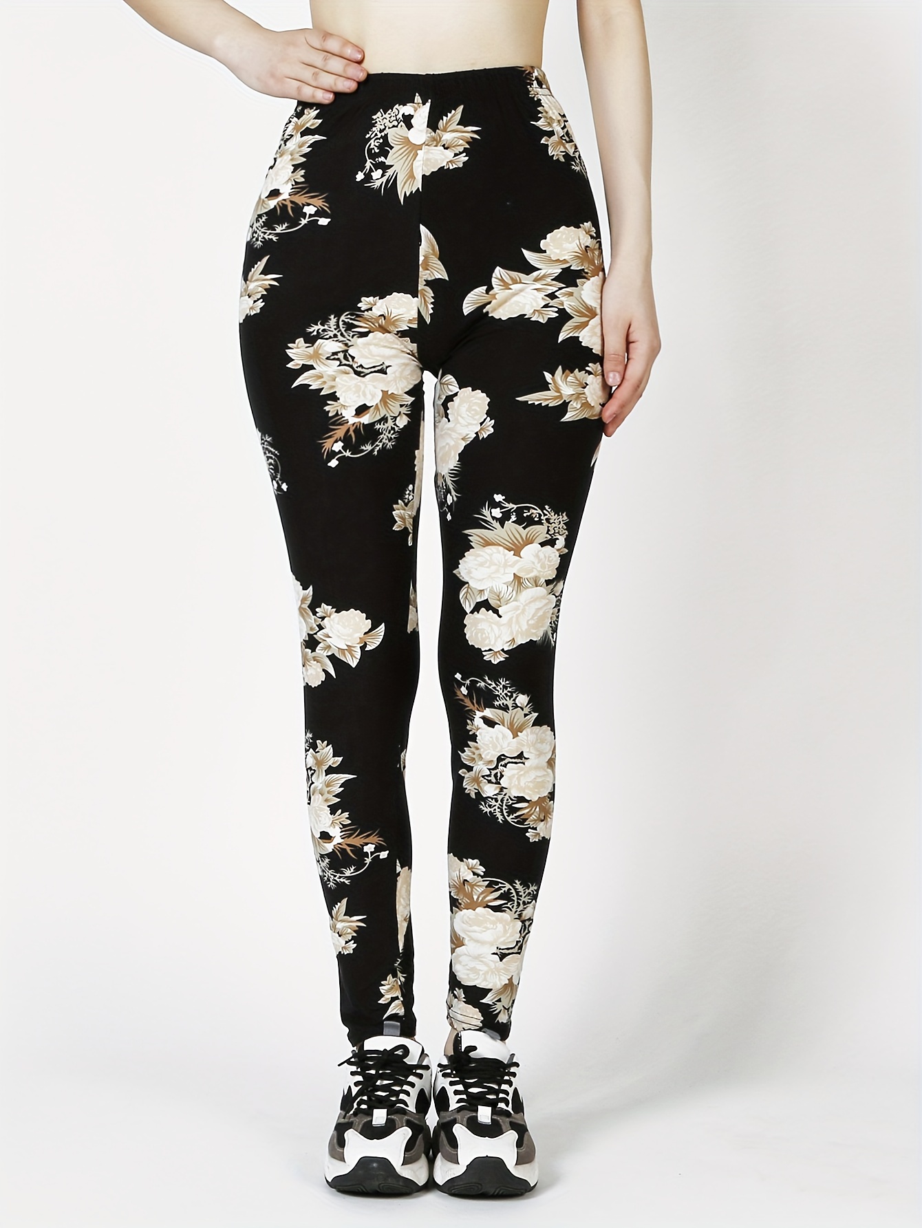 floral print skinny leggings casual elastic waist stretchy leggings womens clothing black 1