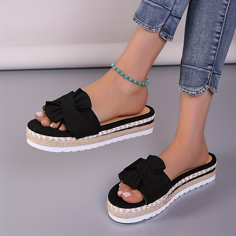 womens platform espadrilles slippers bow open toe solid color anti skid slippers casual beach slides details 2