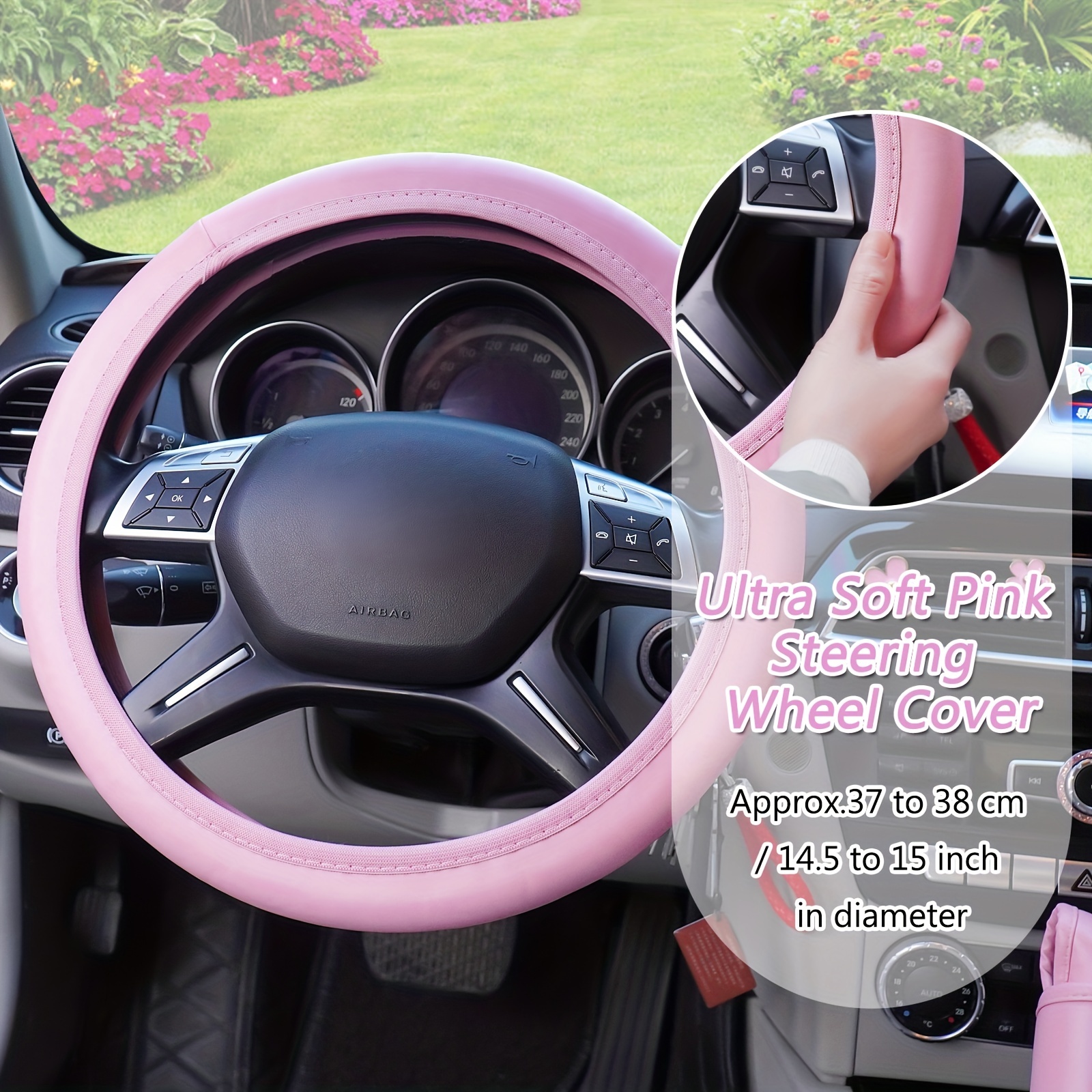 15 Pcs Car Accessories Set Leather Steering Wheel Cover Seatbelt Cover  Bling Car Ring Sticker Center Console Pad USB Port Flower Air Vent  Clip（Pink）