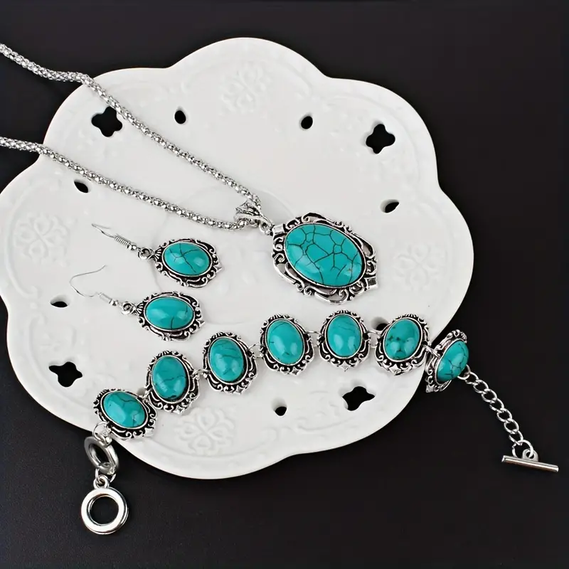 3pcs womens vintage turquoise bracelet necklace earrings set healing stone vintage alloy silvery color decoration gift details 0