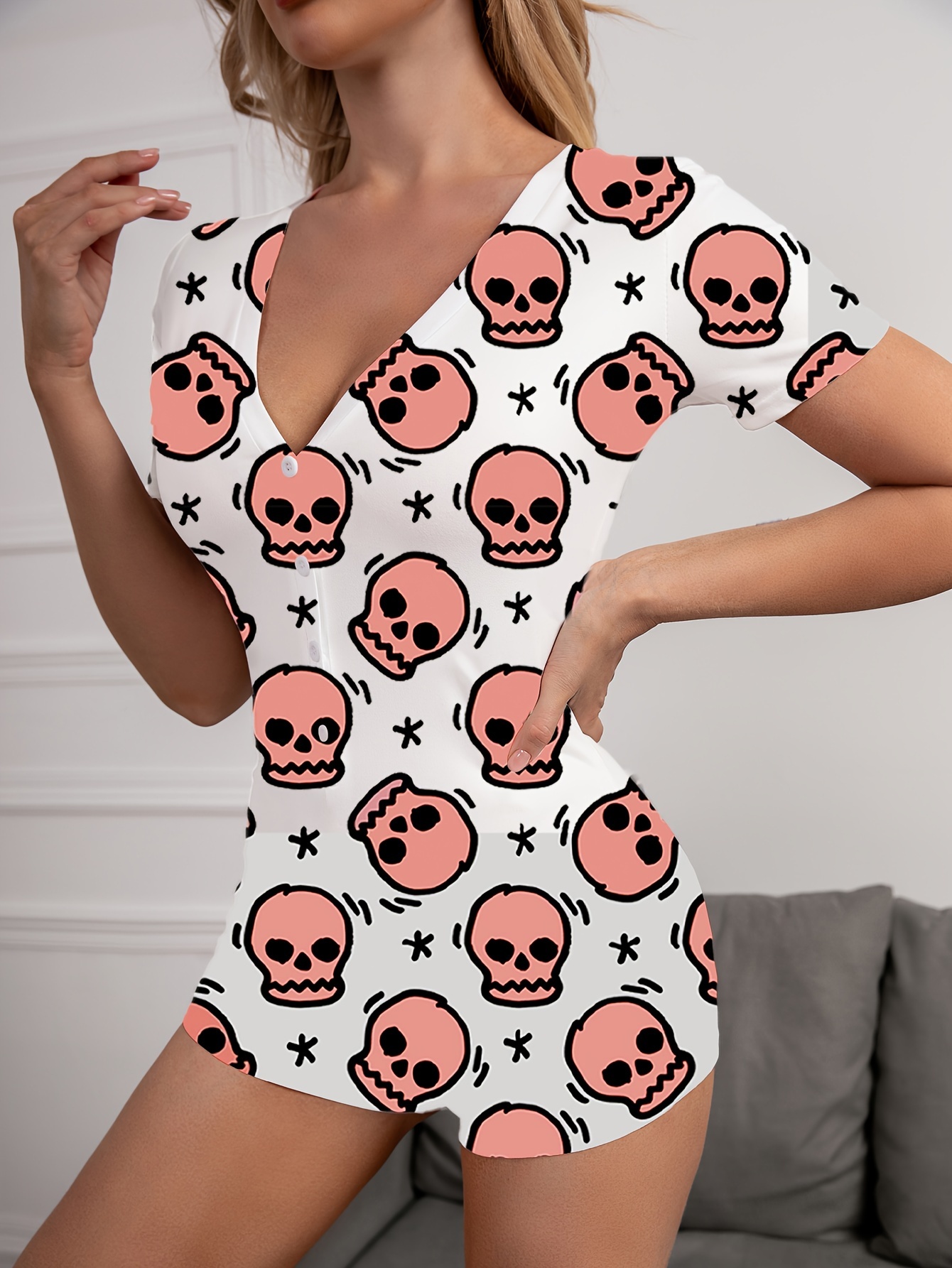Skull Print Buttons Pajama Romper For Carnaval Casual Short - Temu