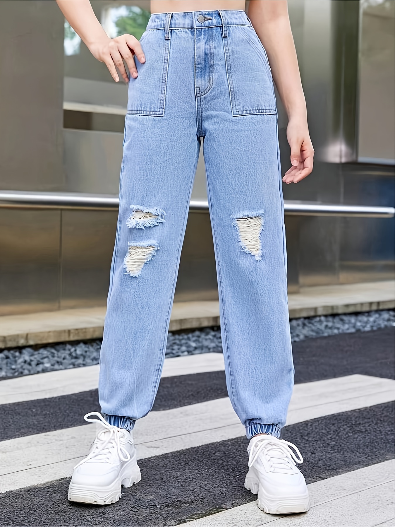 Everyday Girls Casual Ripped Jogger Jeans Elastic Waist Casual Denim Pants