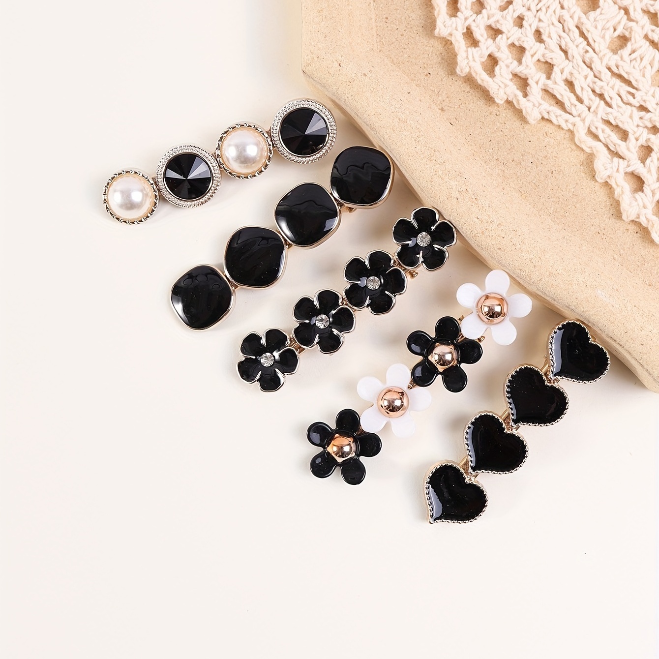 

5pcs/set Original Black Love Flower Faux Pearl Hair Clip Fashion Metal Simple Hair Pin Barrette Elegant Hair Accessories For Women