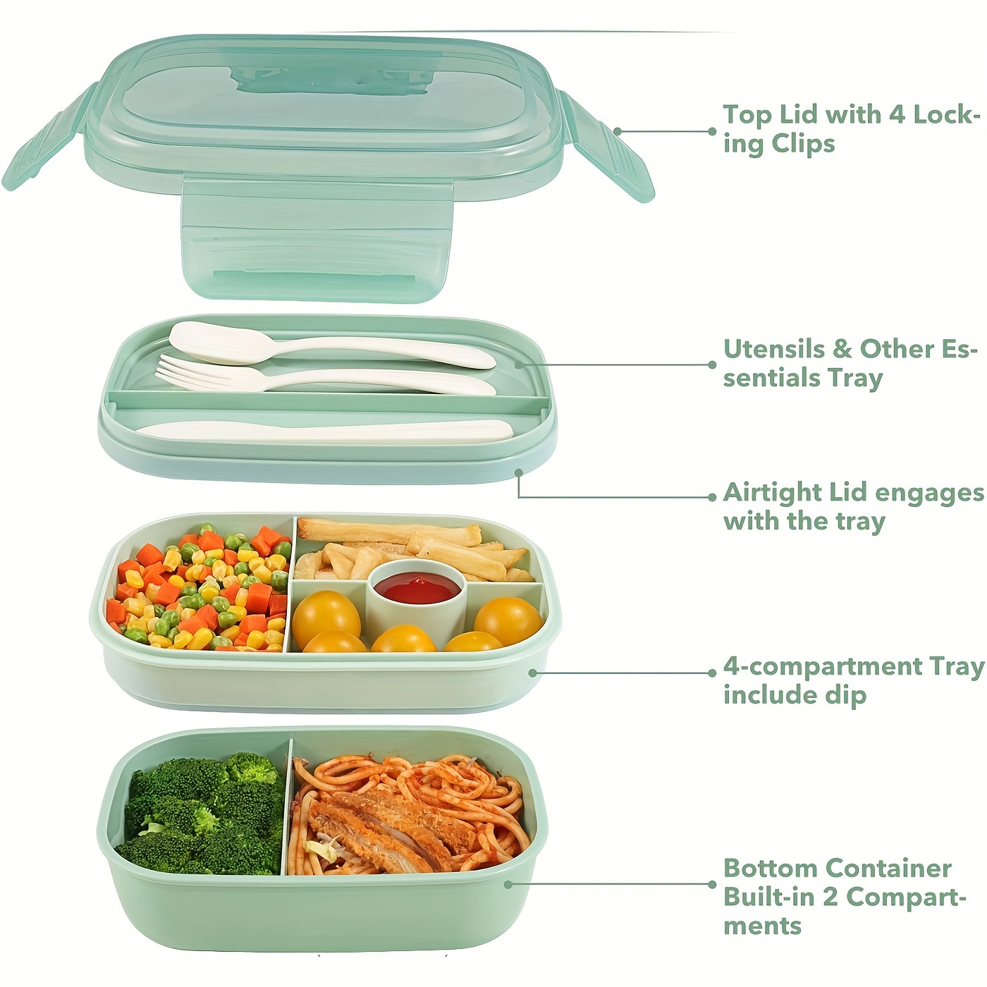 Miraclekoo Stackable Bento Box Lunch Box,3 Layers Stackable Bento Lunch  Containers for Adults & Kids, Built-in Utensil Set,Leak-Proof Bento Lunch  Box