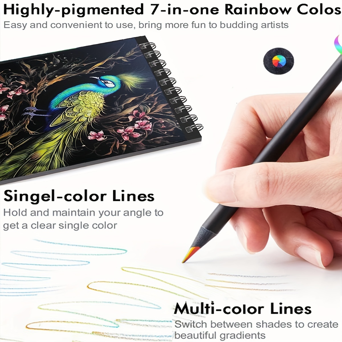  ThEast Black Wooden Rainbow Colored Pencils, 7 Color in 1  Rainbow Pencils, Art Supplies for Kids and Adults, Assorted Colors for  Drawing Coloring Sketching, Multicolored Core, Pre-sharpened (12) : Arts