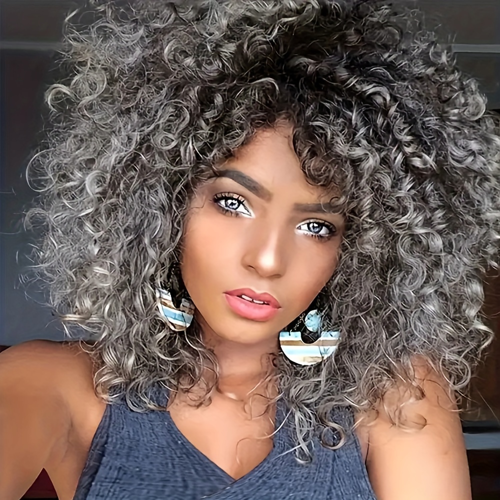 Short Curly Grey Wig For Women Afro Wig With Bangs Synthetic Ombre Grey Cosplay Wig