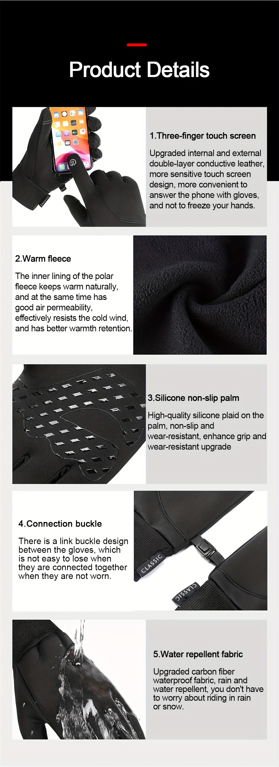 1pair mens winter outdoor velvet warm gloves waterproof touch screen thickened gloves for cycling fishing details 6