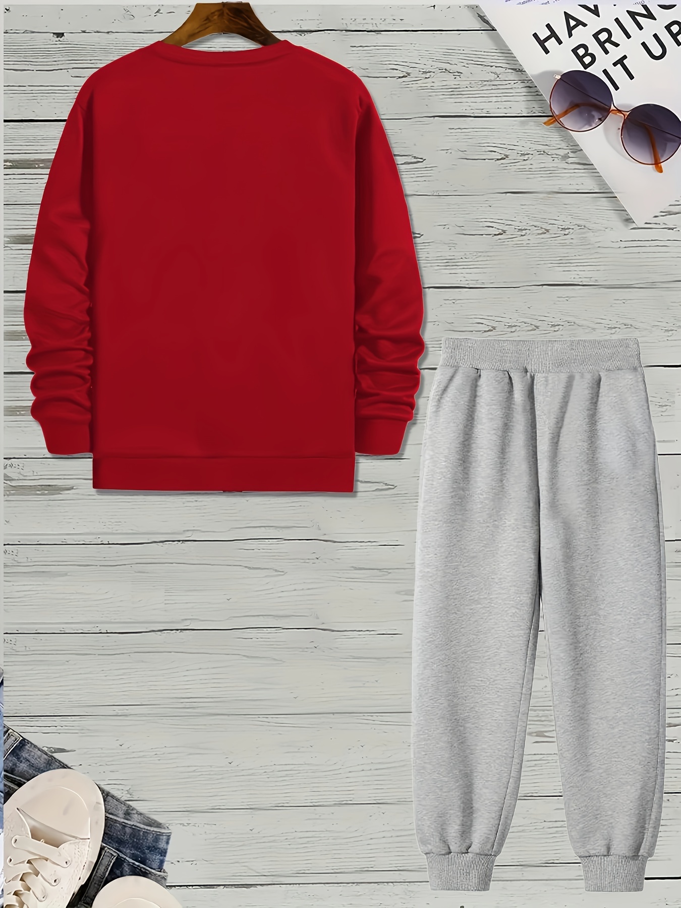 Red Sweater, Men's Winter Outfits With Grey Sweat Pant, Jeans