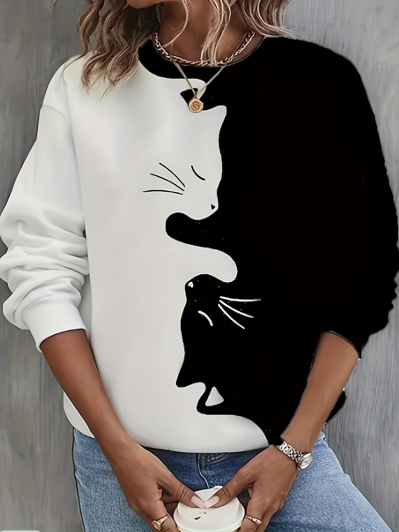 Cute Cat Print Crew Neck Sweatshirt Casual Long Sleeve Loose - Temu