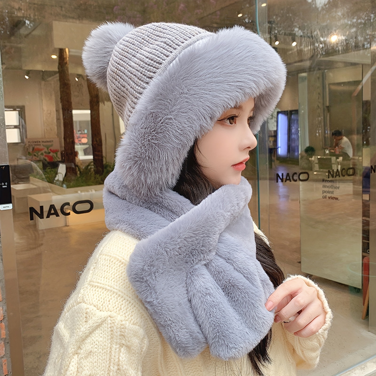Thick Faux Fur Hooded Scarf Winter Warm Beanie With Pom Trendy Solid Color Knit Hats Ear Warmer Skull Beanies For Women Girls Autumn & Winter
