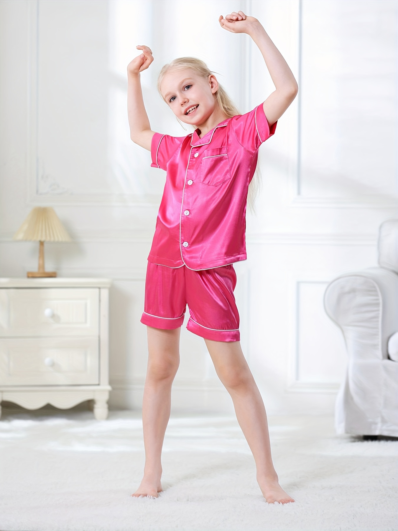 Satin Pajamas Kids Button Front Top Shorts Set Solid Color - Temu