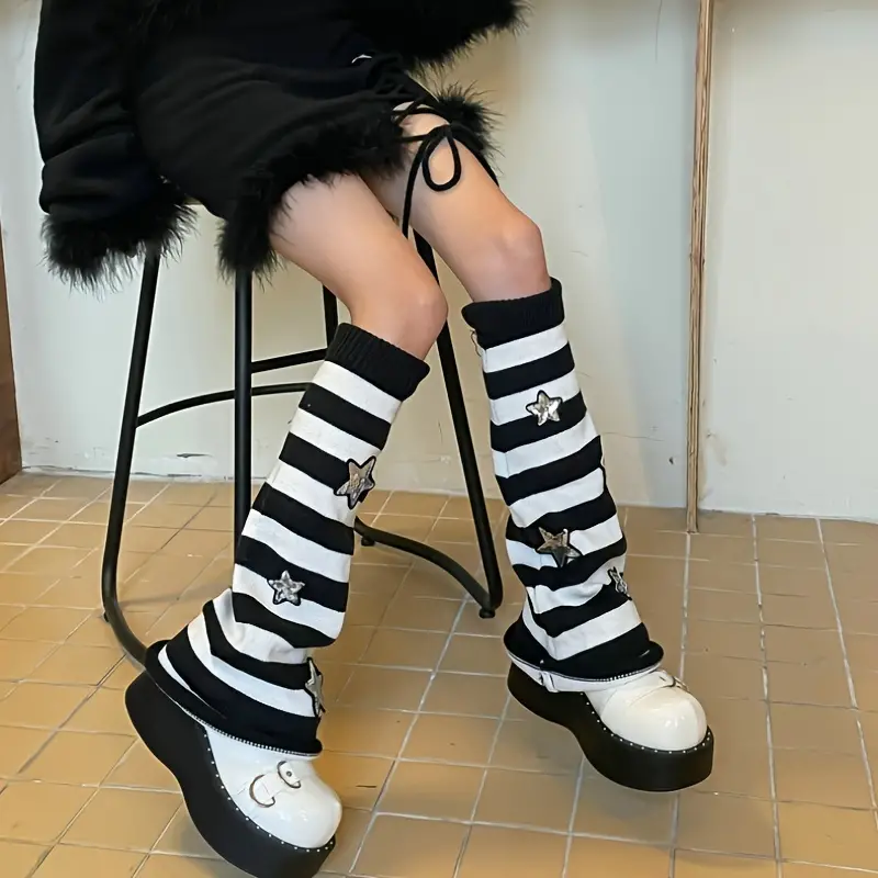 Star Print Striped Leg Warmers Jk Style Knee High Flared Leg - Temu