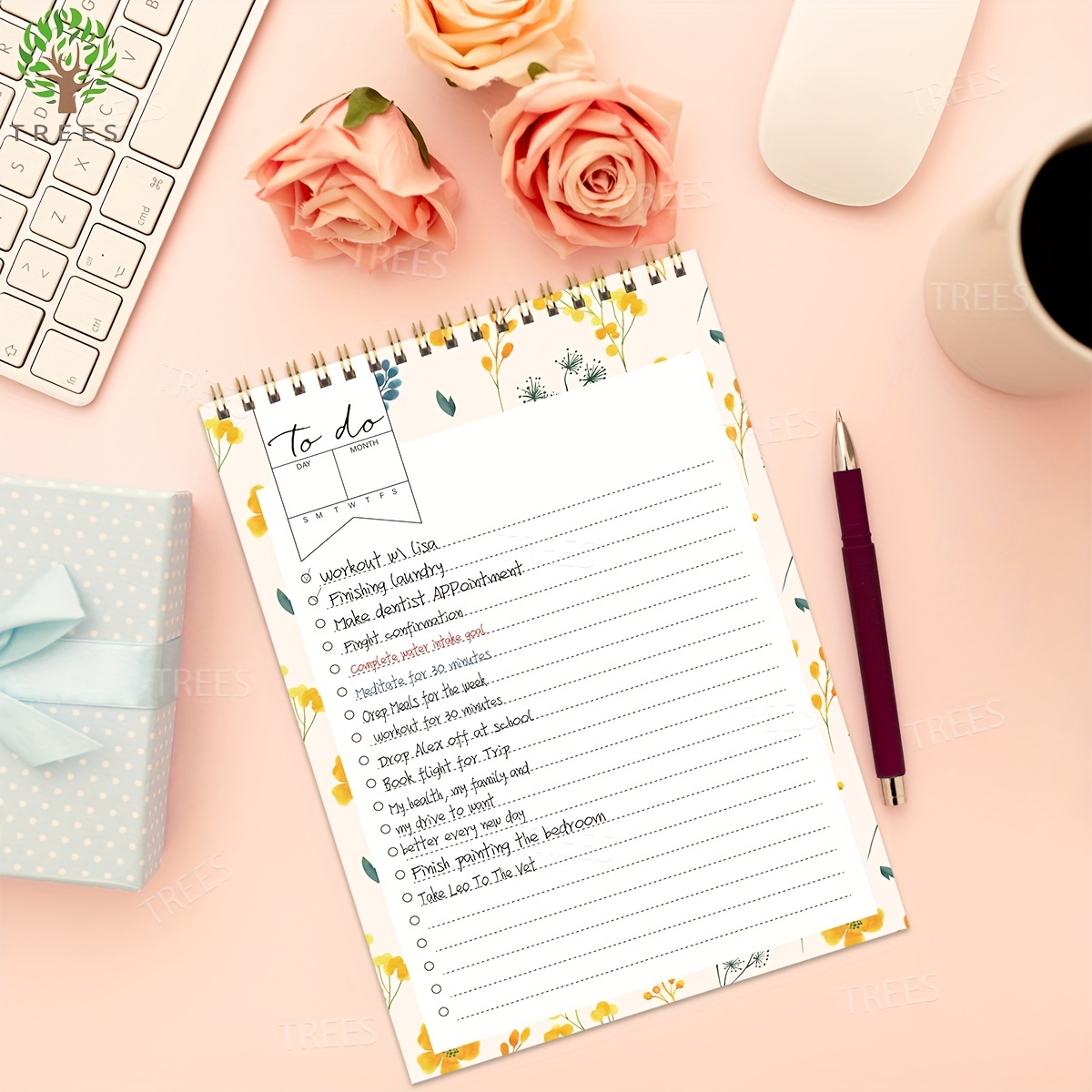 Flower Pattern Daily Planner To Do List Notepad Spiral Organizer