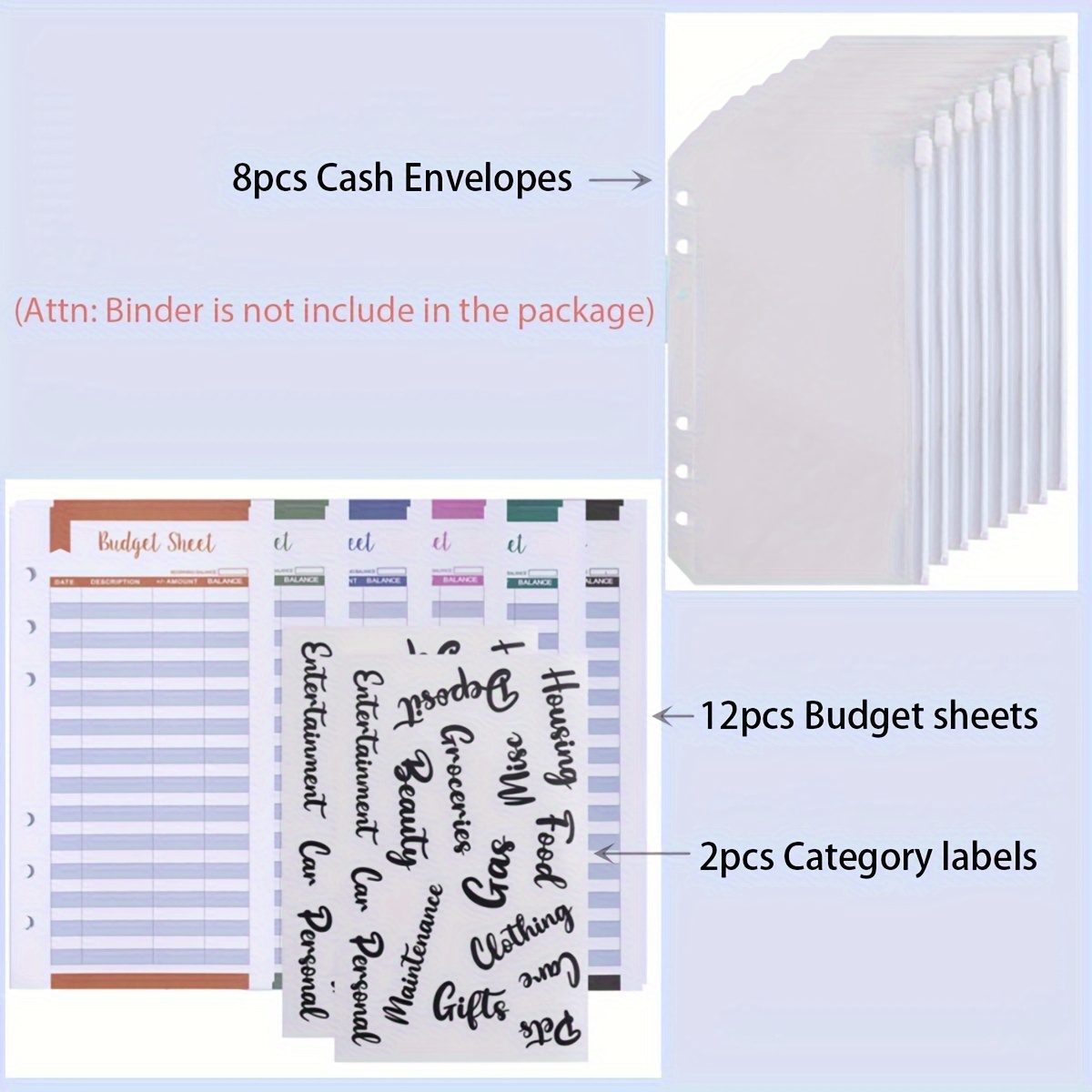 

8pcs A6 Size Waterproof Pvc Budget Cash Envelopes - 6 Holes Folders For 6-ring Budget Binder - Clear Zipper Loose Leaf Bags For Budgeting & Document Filing + 12pcs Budget Sheets + 2pcs Category Lables