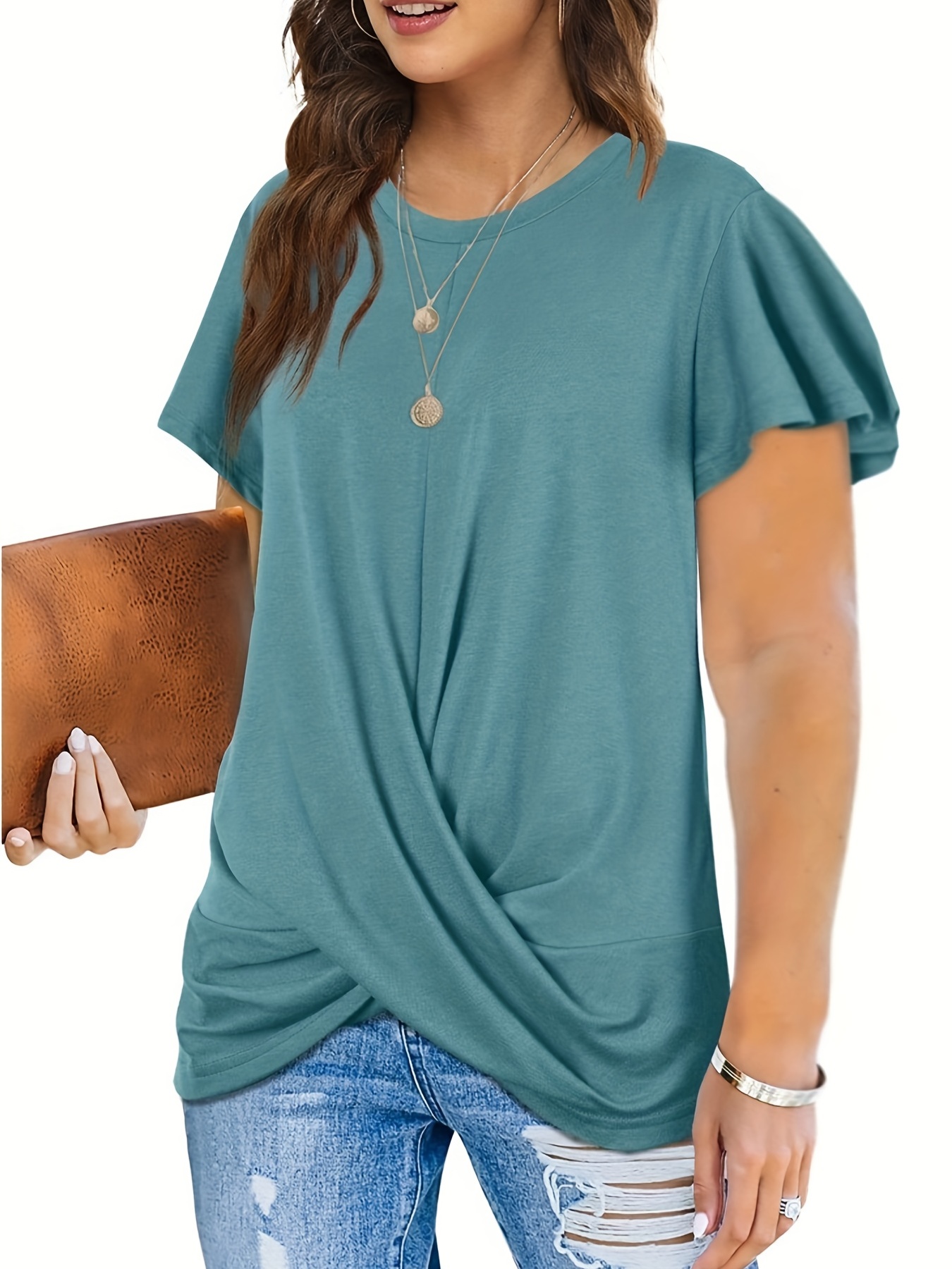 Women Plus Size Casual Twist Front Colorblock T-shirt