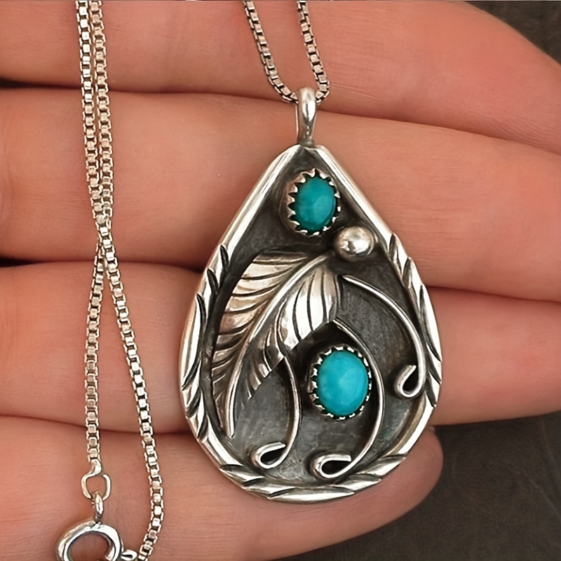 

1pc Boho Pendant Necklace Women Men Faux Turquoise Feather Tag Jewelry Gift, Father's Day Gift