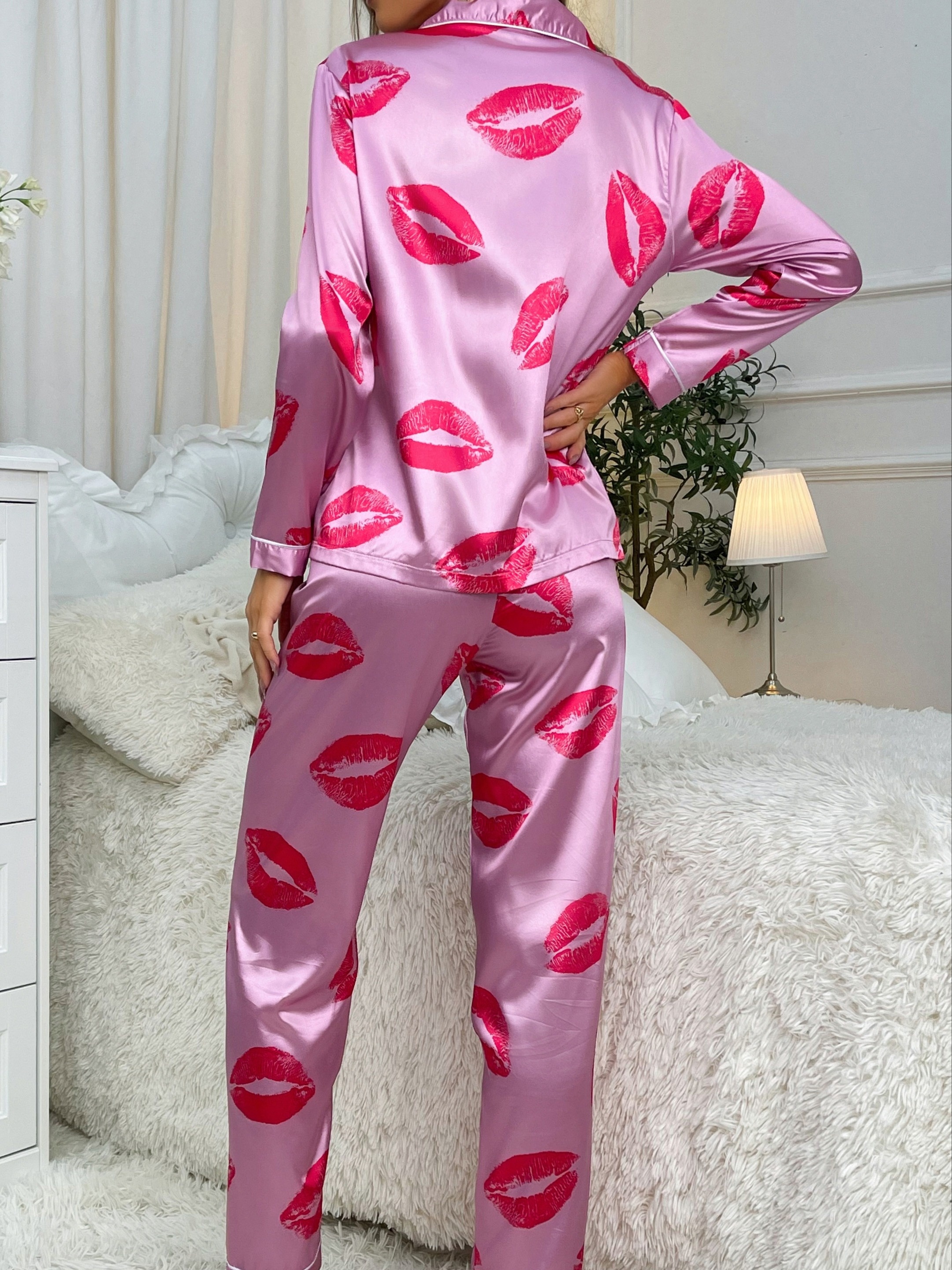 Lips Print Pajama Set, Long Sleeve Buttons Top & Elastic Waistband Pants,  Women's Sleepwear & Loungewear