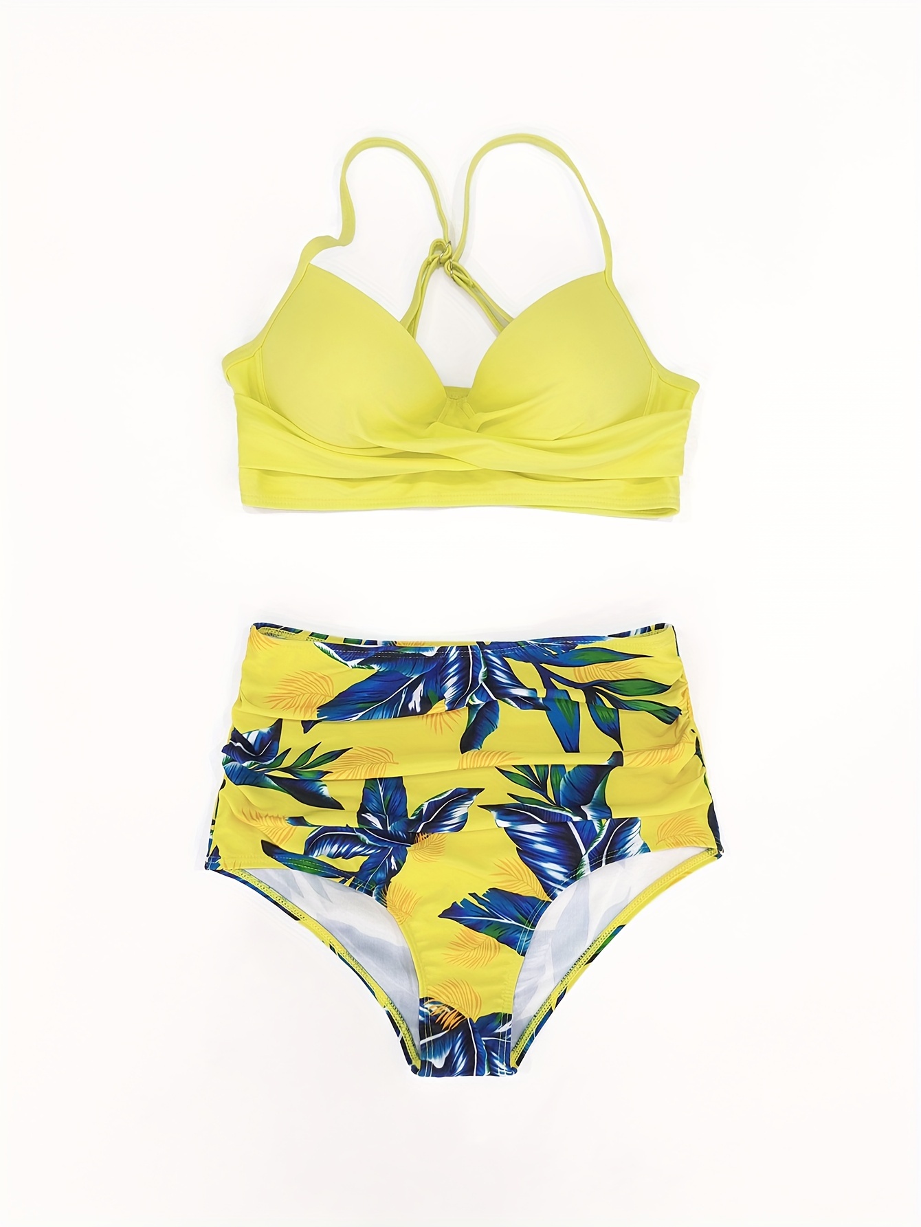 Yellow and leaves print cheap bikini cupshe