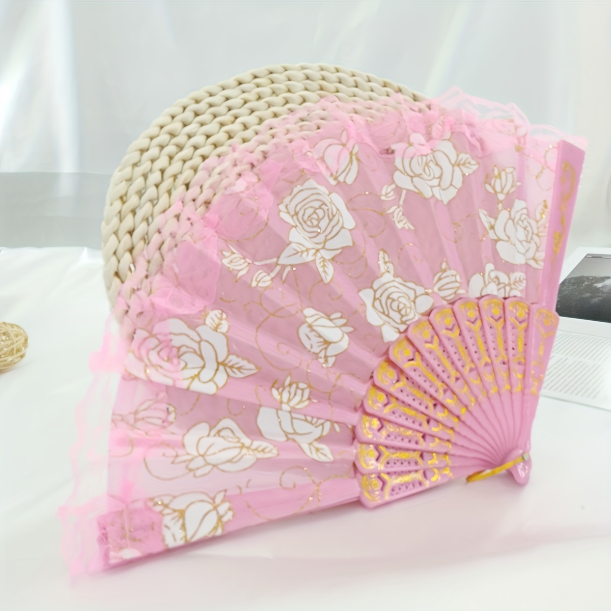 Chinese Style Floral Folding Fan with Lace for Dance Performance