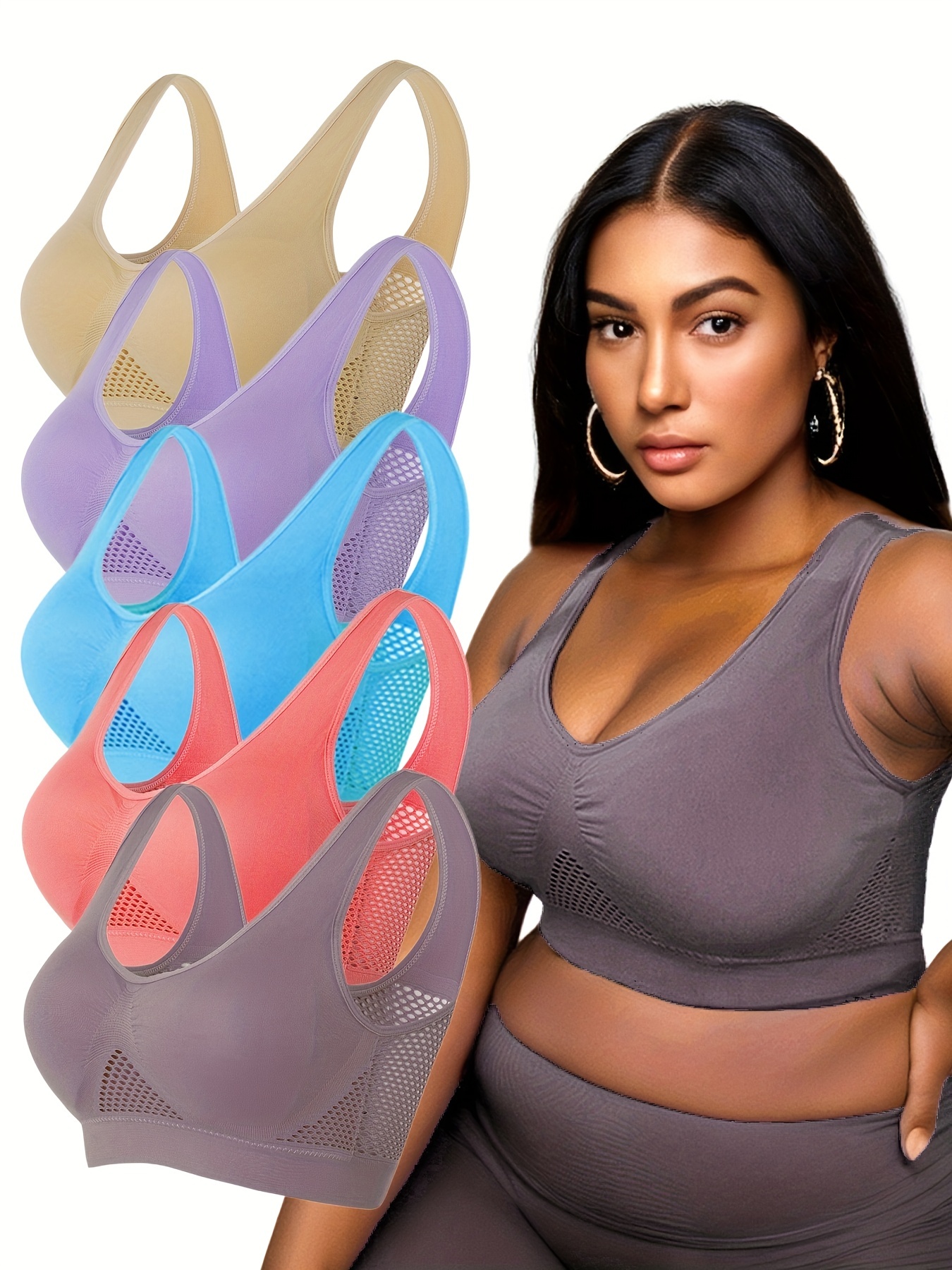 5 Pack Plus Size Casual Bras Set, Women's Plus Solid Wireless Seamless  Supporting Sporty Bra 5pcs Set