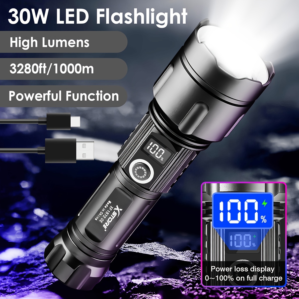 

Super Bright Usb Rechargeable Led Tactical Flashlight, 5 Modes Waterproof Zoom Torch With 26650 Battery And Power Display For Emergencies, Mountaineering, Camping, Hiking