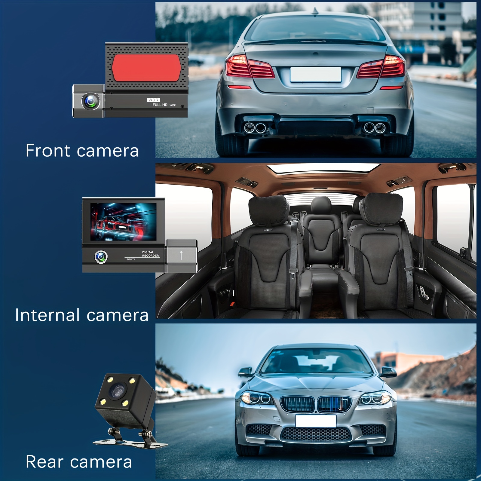 3-Kanal-Dashcam Vorne Und Hinten Innen, 1080P Dash-IR-Nachtsicht,  Loop-Aufnahme, Auto-DVR-Kamera, 7,62 Cm Auto-Dashcam + 64G-Karte