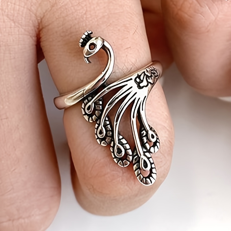 Waroomhouse Retro Adjustable Open Silver Peacock Finger Braided Knitting  Ring 