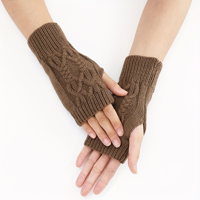 Half Finger Knit Gloves for Women, Solid Color Wrist Support Thick Warm Gloves, Students Writing Gloves,Temu