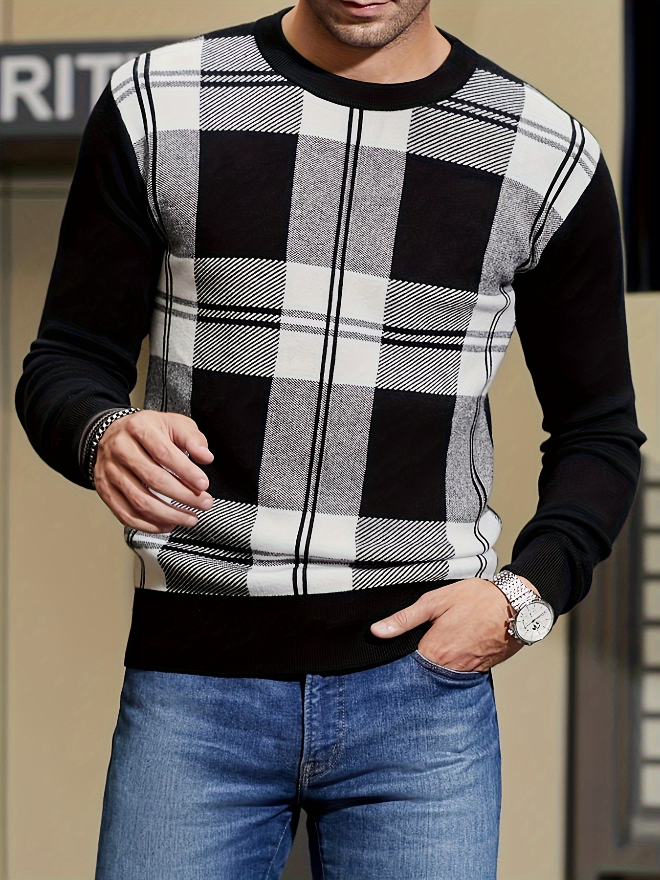 All Match Knitted Plaid Sweater, Suéter De Punto A Cuadros Para Hombre,  Cálido Y Casual, De Cuello Redondo Y Manga Larga, Para Otoño E Invierno