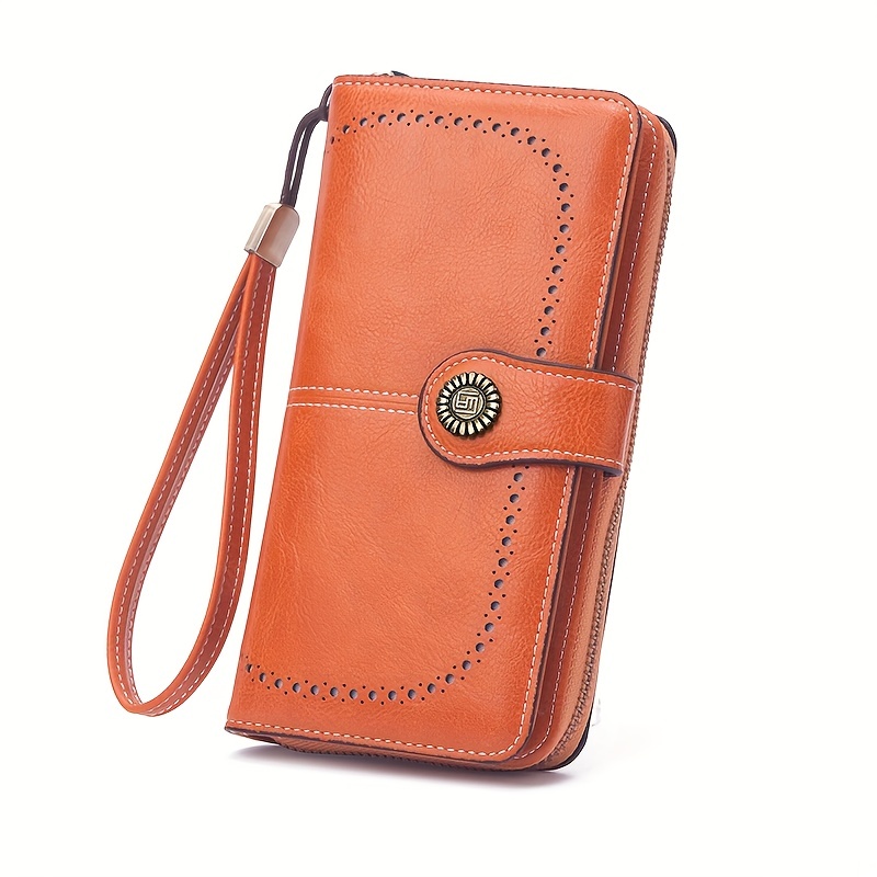 Image of Solid Color Large-capacity Long Wallet, Vintage Multifunctional Coin Purse With Zipper And Wristband