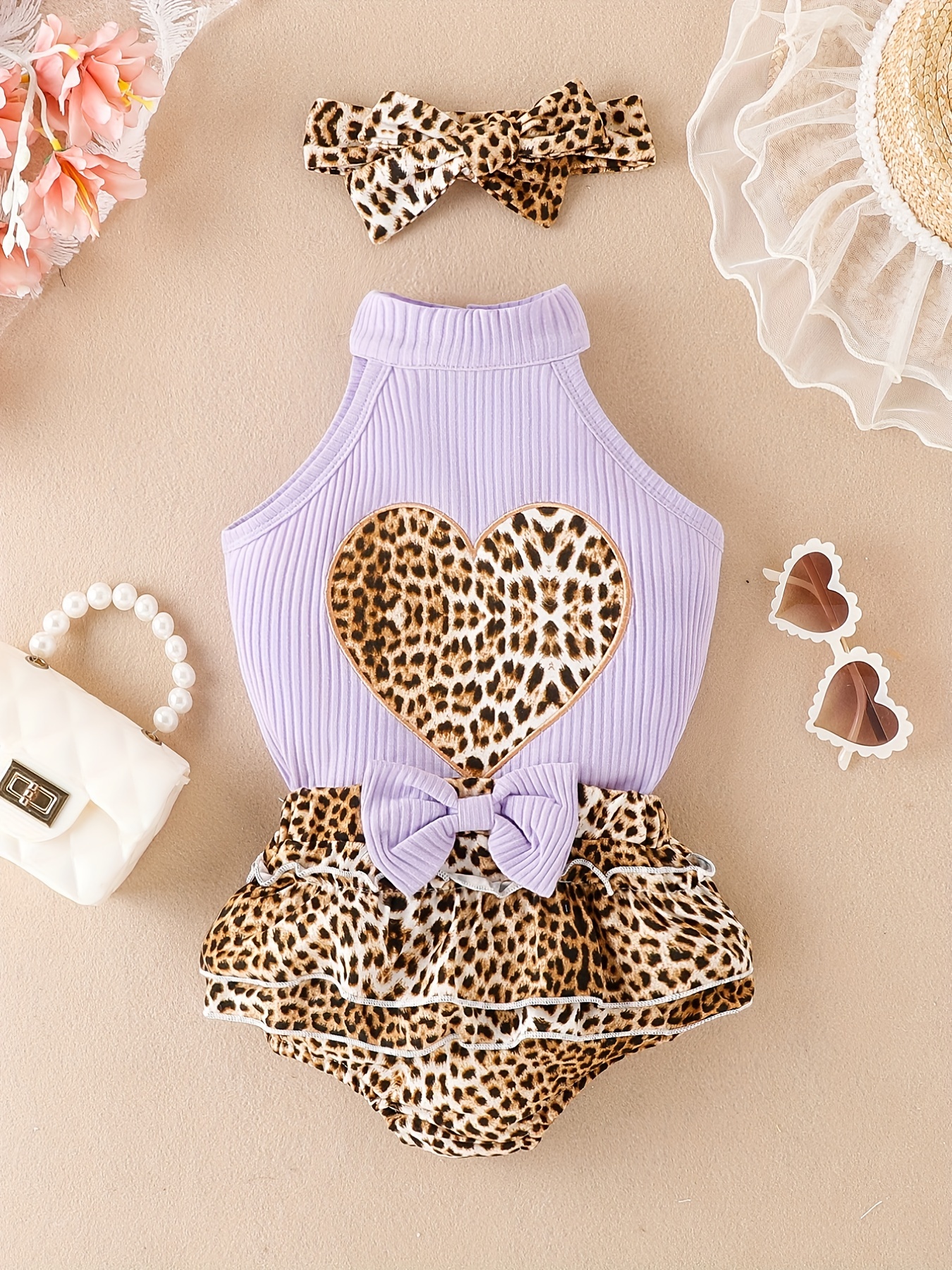 Baby Girls Leopard Print Heart Graphic Outfit Skirt & Sleeveless Tops Cute Kids Clothes,Comfortable,Temu