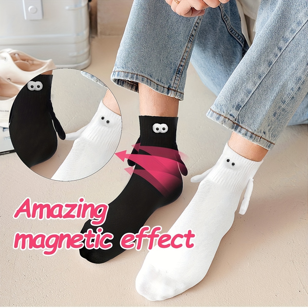 2 pares de calcetines tomados de la mano, calcetines magnéticos para  parejas, calcetines de tubo mediano, divertidos calcetines 3D novedosos
