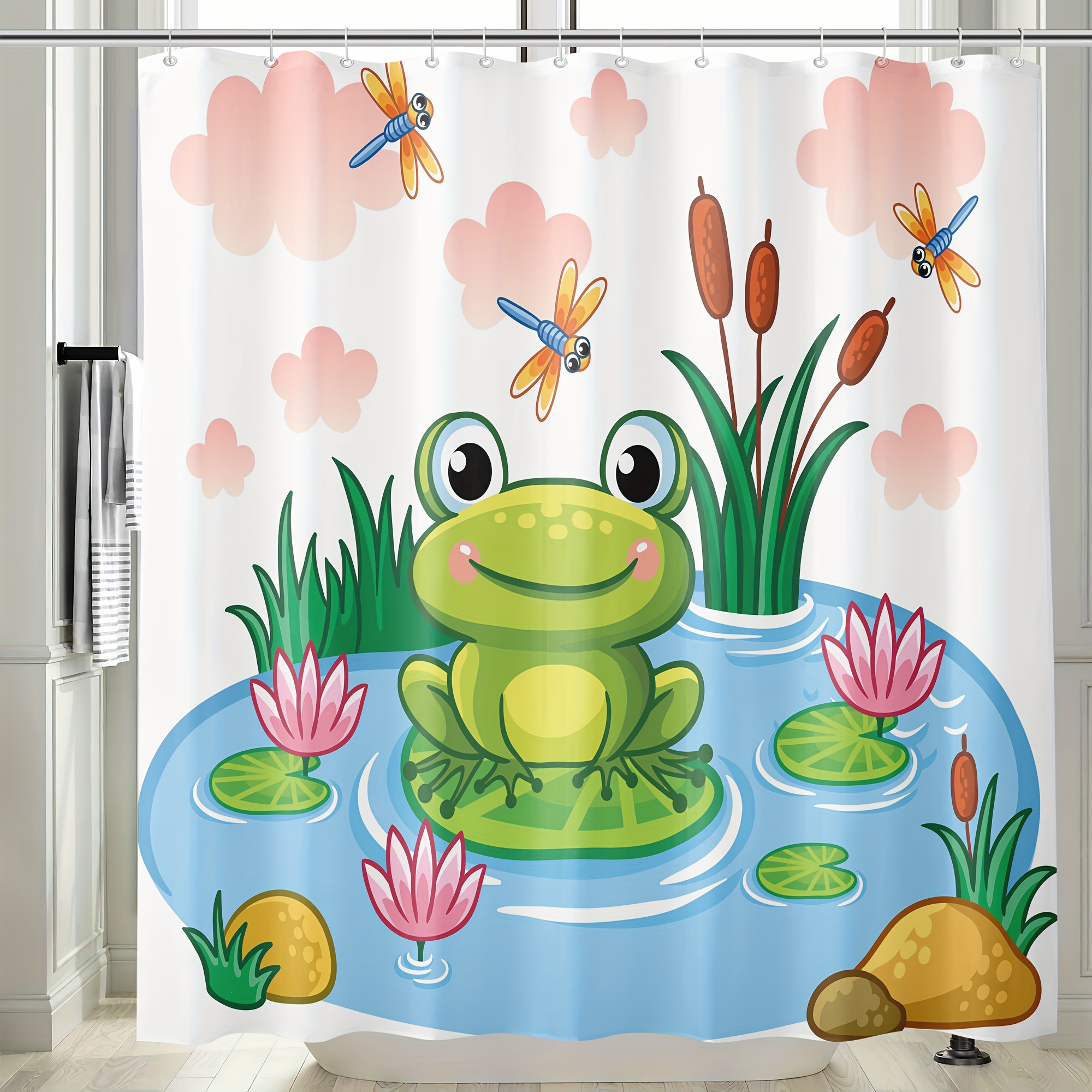 Green Cartoon Frog Shower Curtain Mats Cute Frog Sits Leaf - Temu Canada