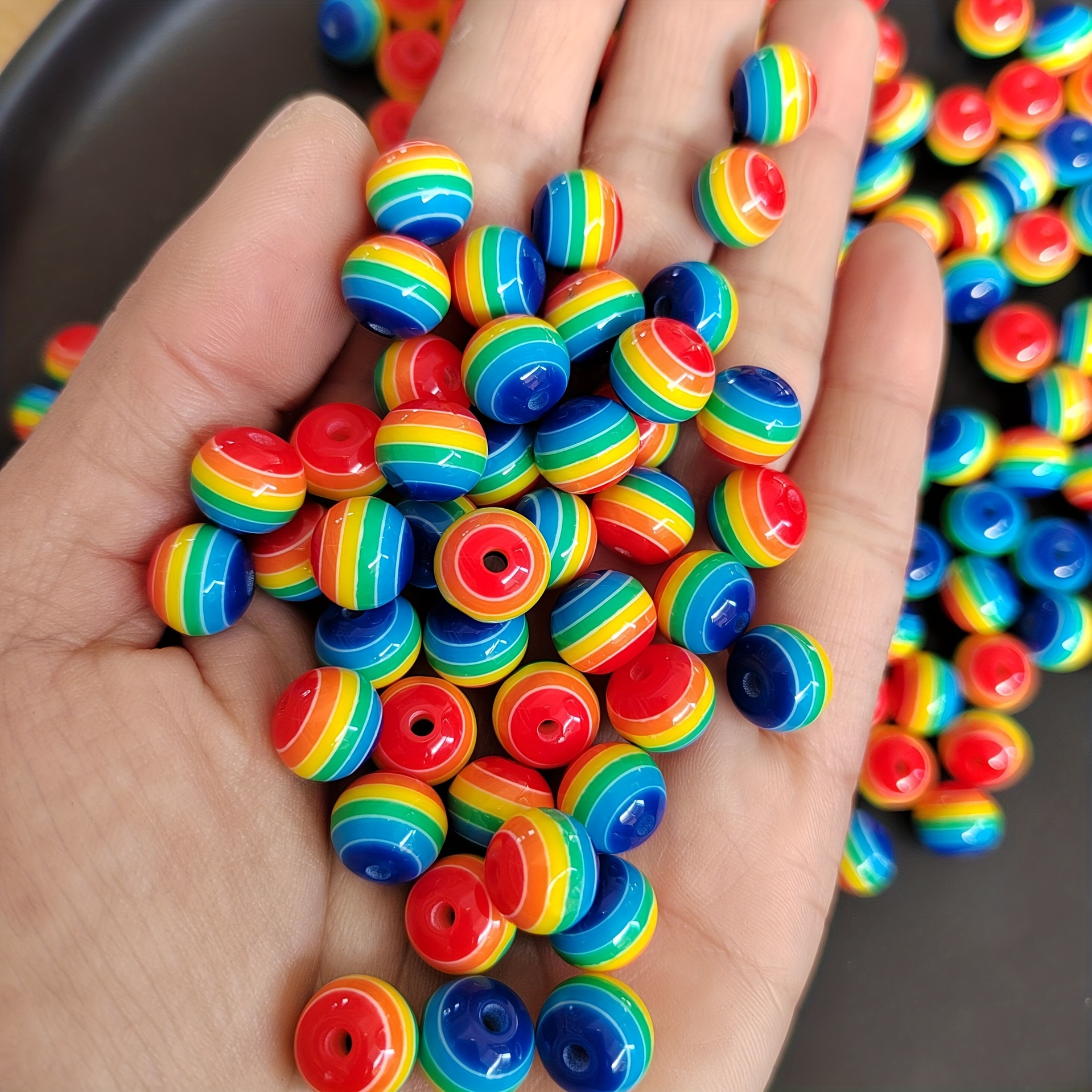 50/100pcs 8mm Rainbow Resin Striped Beads Candy Color Lined Stripes  Bubble Gum Beads for Making, Bracelets Necklaces Bulk Craft