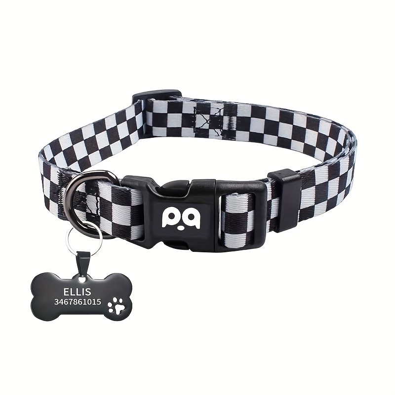 Personalized Dog Collar, Black and White Plaid Dog Collar