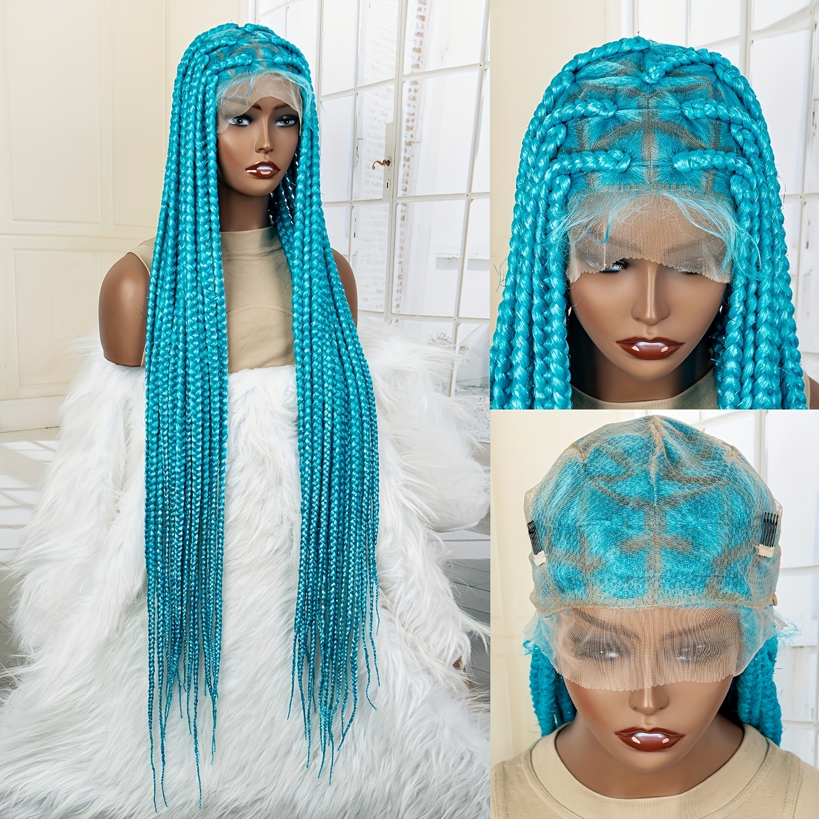Blue Box Braided Wig for Black Women Long Ombre Black Sky Blue