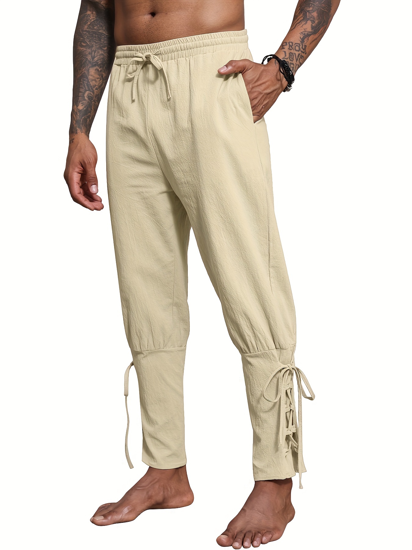 Cotton Linen Blend Men's Lace Bottom Beach Harem Pant Retro - Temu Canada