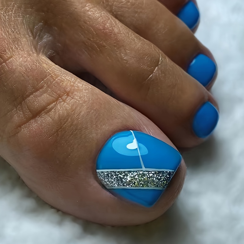 TEMU 24 Piezas Uñas Postizas para Mujer Diseño Azul con Líneas Plateadas, Puntas Cuadradas, Uñas Acrílicas para Dedos de los Pies