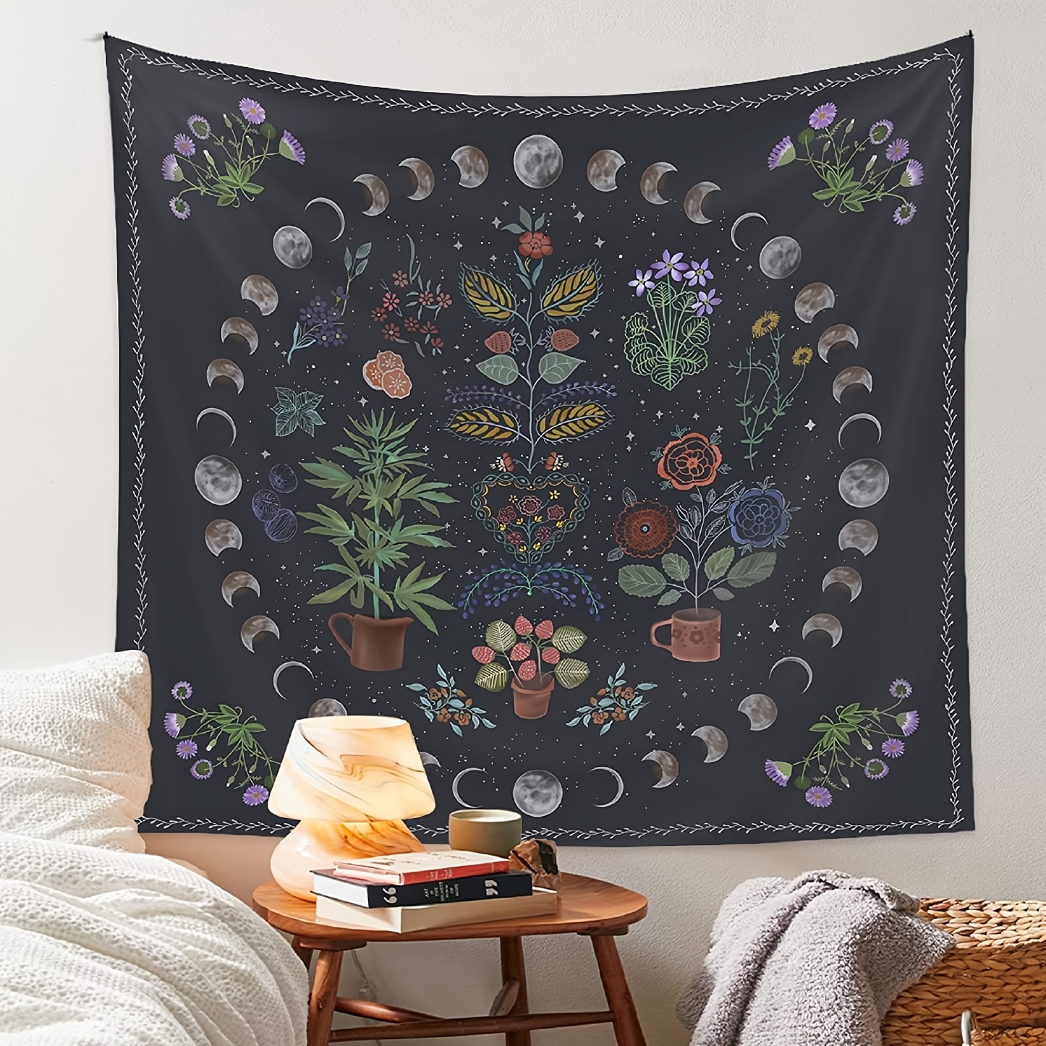 Botanical Tapestry Decor For Bedroom Aesthetic, Boho Moon And Sun