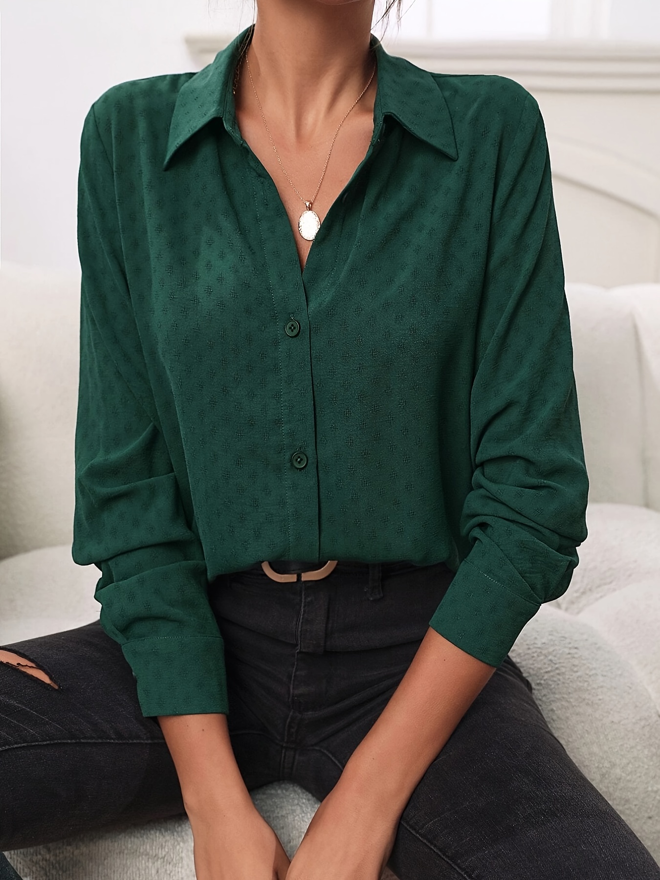 Solid Color Long Sleeve Button Tops Business Casual Blouses - Temu Canada